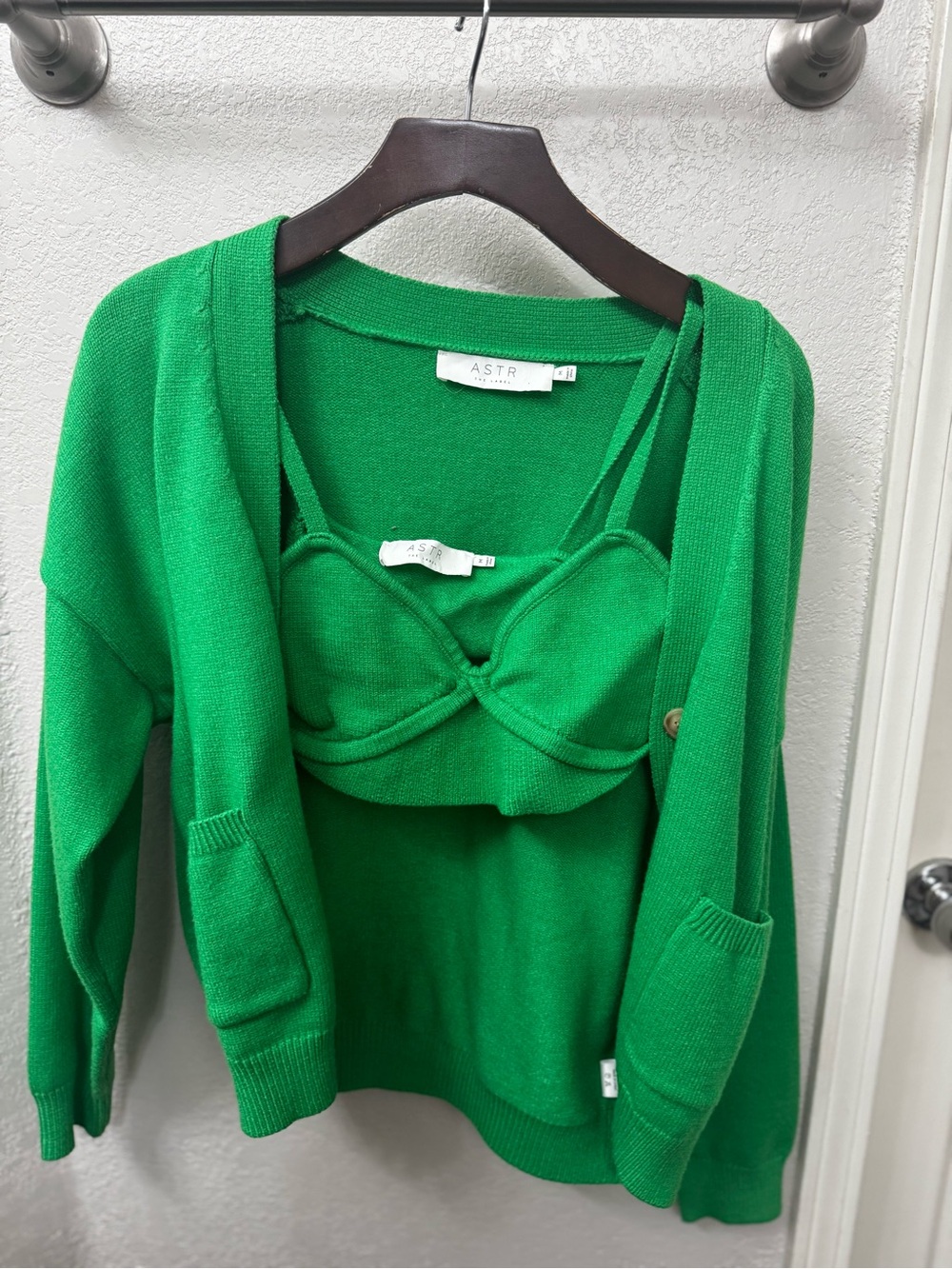 Astr Kelly Green Knit Cardigan with Matching Bralette Set